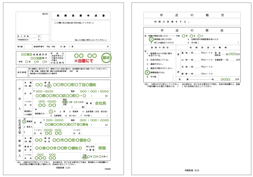 相続放棄申述書の例
